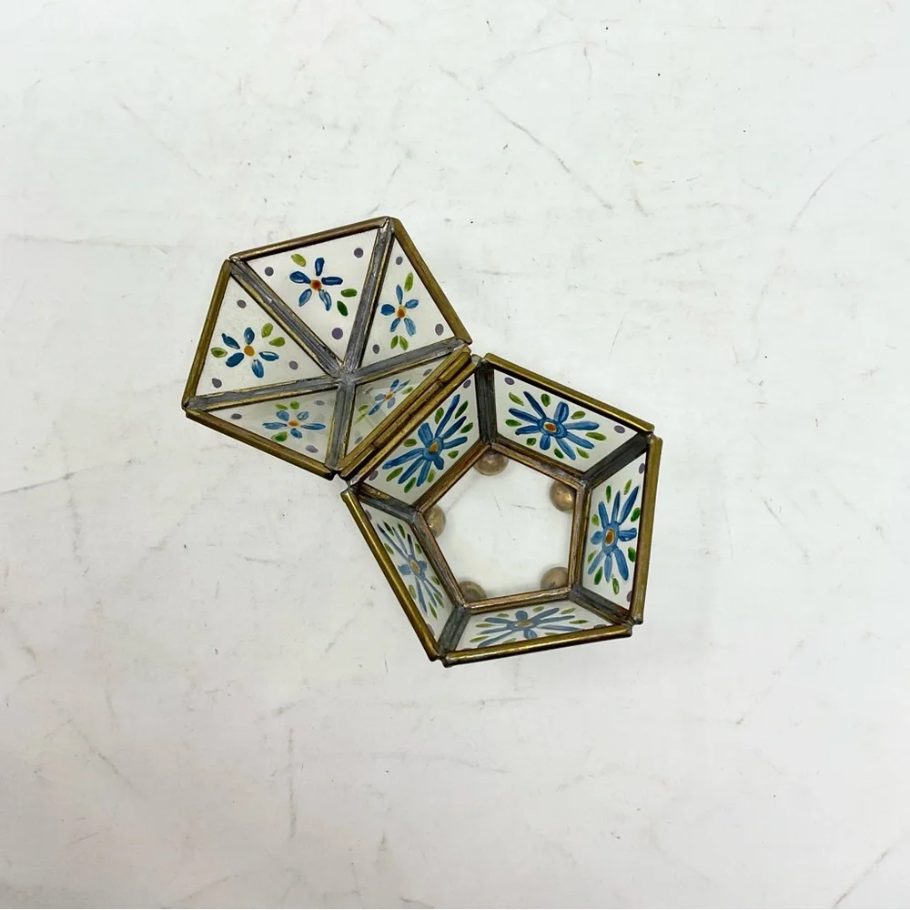 Decorative Floral Glass Box with Brass Accents vintage